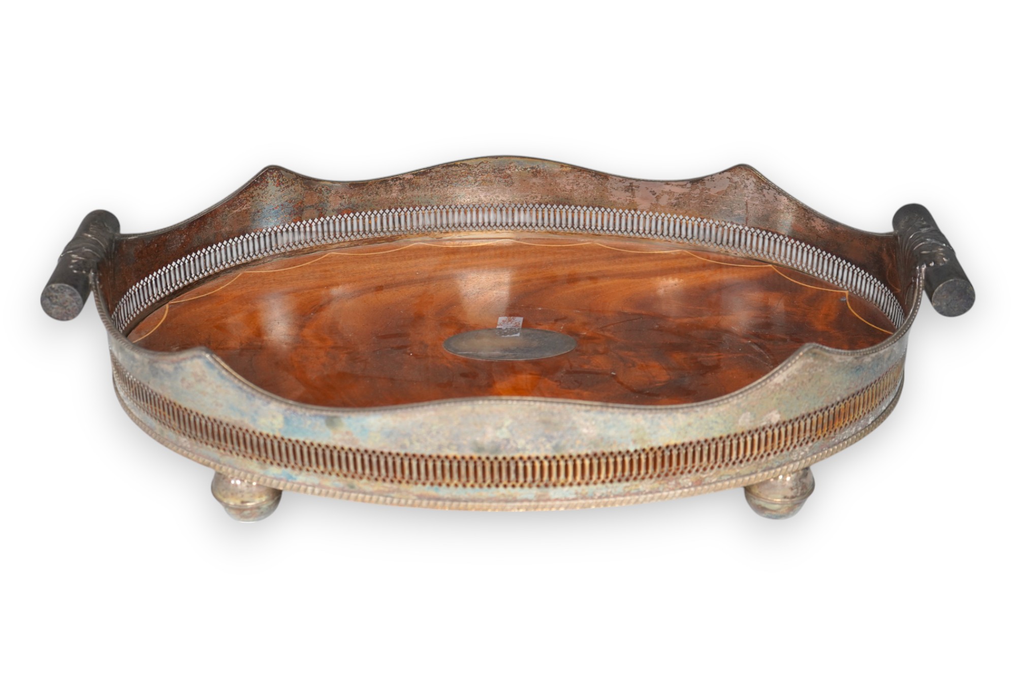 An early 20th century electroplate galleried mahogany tray, 66cm wide. Condition - fair